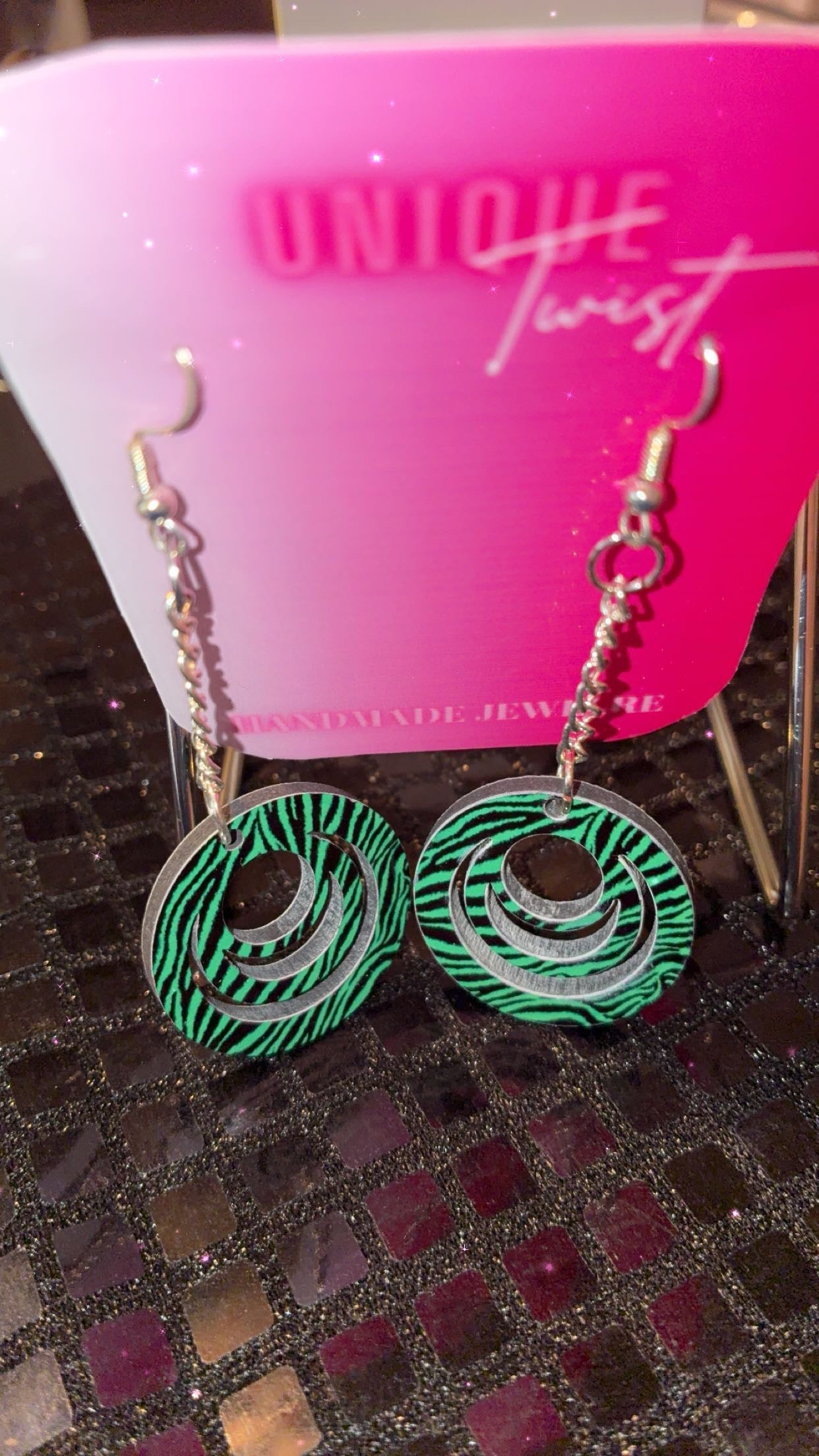 Green and black zebra print earring
