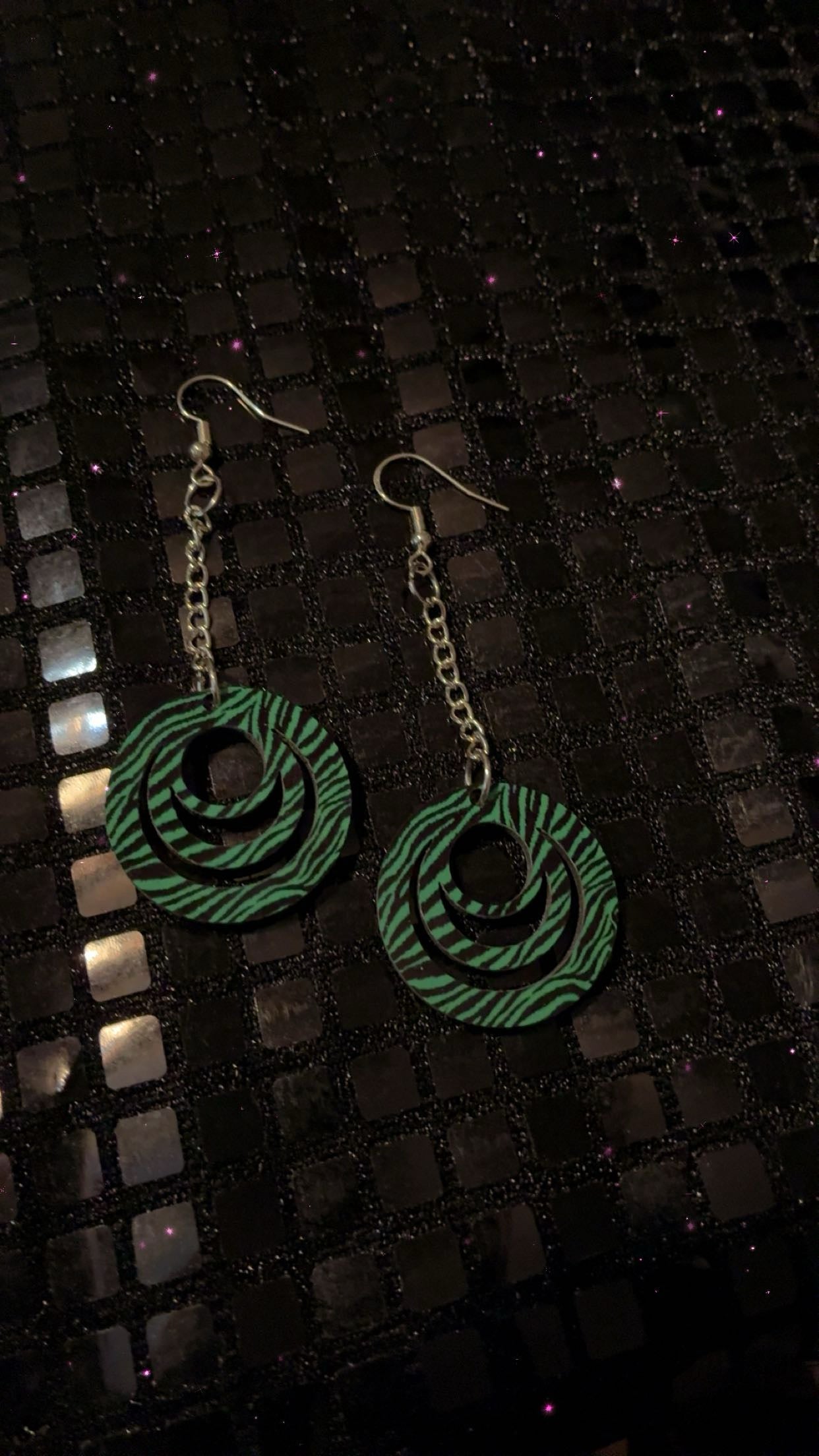 Green and black zebra print earring